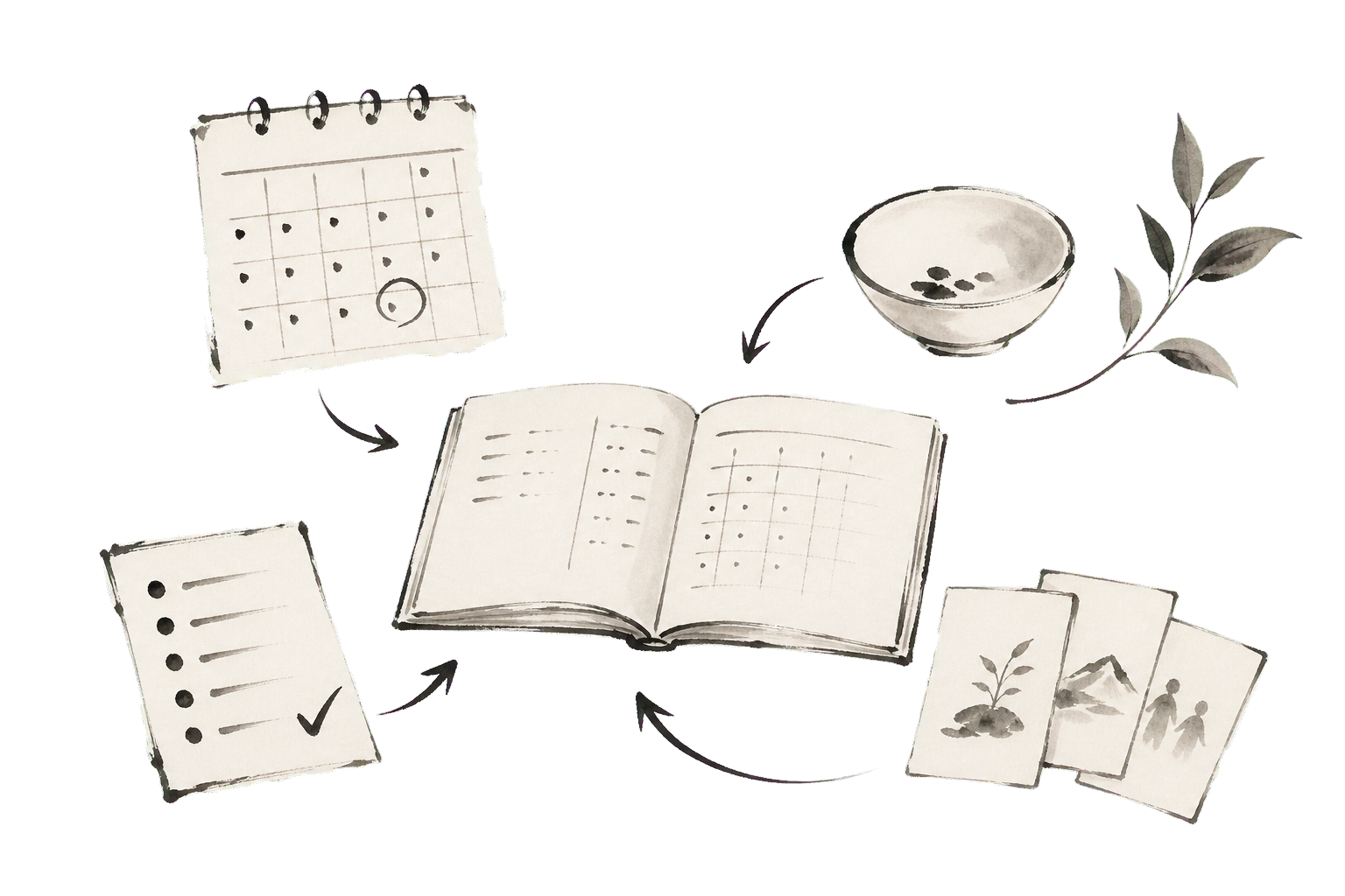 Ink drawing of a household ledger with calendar, meal, and task marks